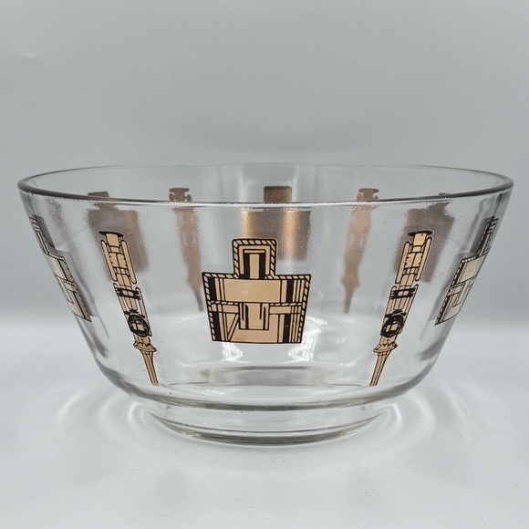 Vintage Mid Century Modern Serving Bowl with Black and Gold Industrial Designs - Picture 1 of 7